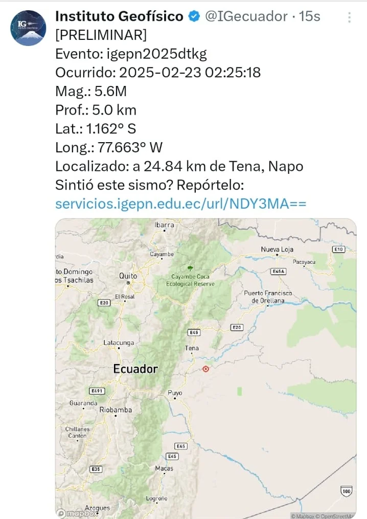 Sismo en Ecuador en el Tena 5,3
