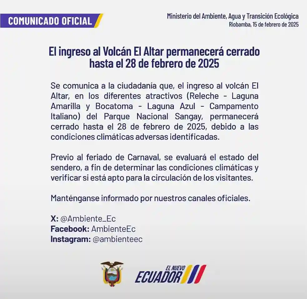 Acceso a El Altar estará cerrado hasta el 28 de febrero
