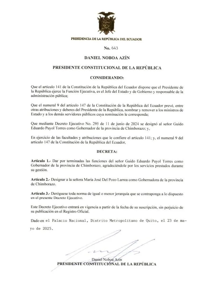 Decreto del presidente Daniel Noboa.