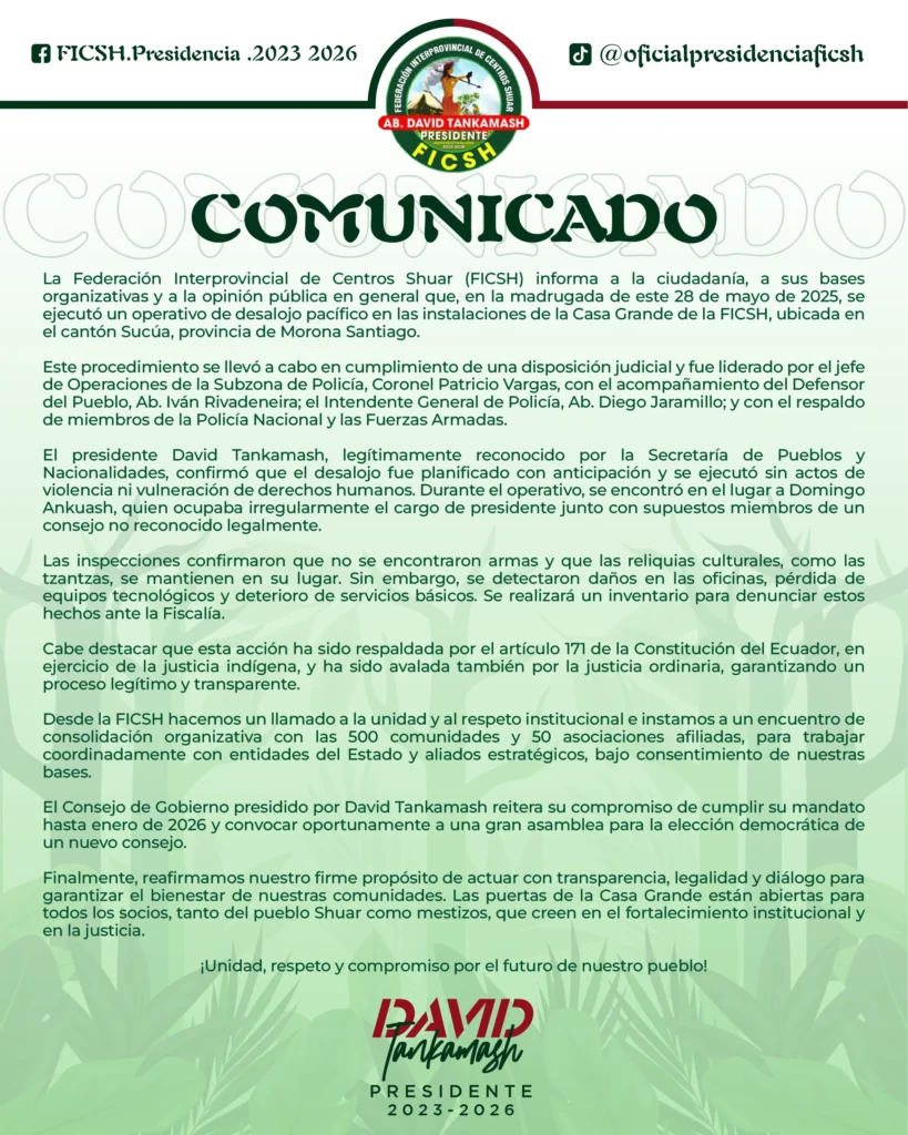 Desalojaron la Casa Grande de la FICSH en Sucúa