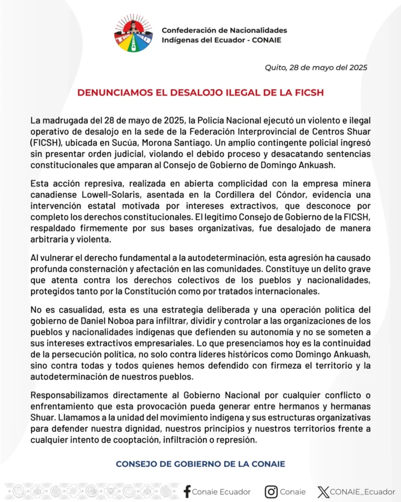 Desalojaron la Casa Grande de la FICSH en Sucúa