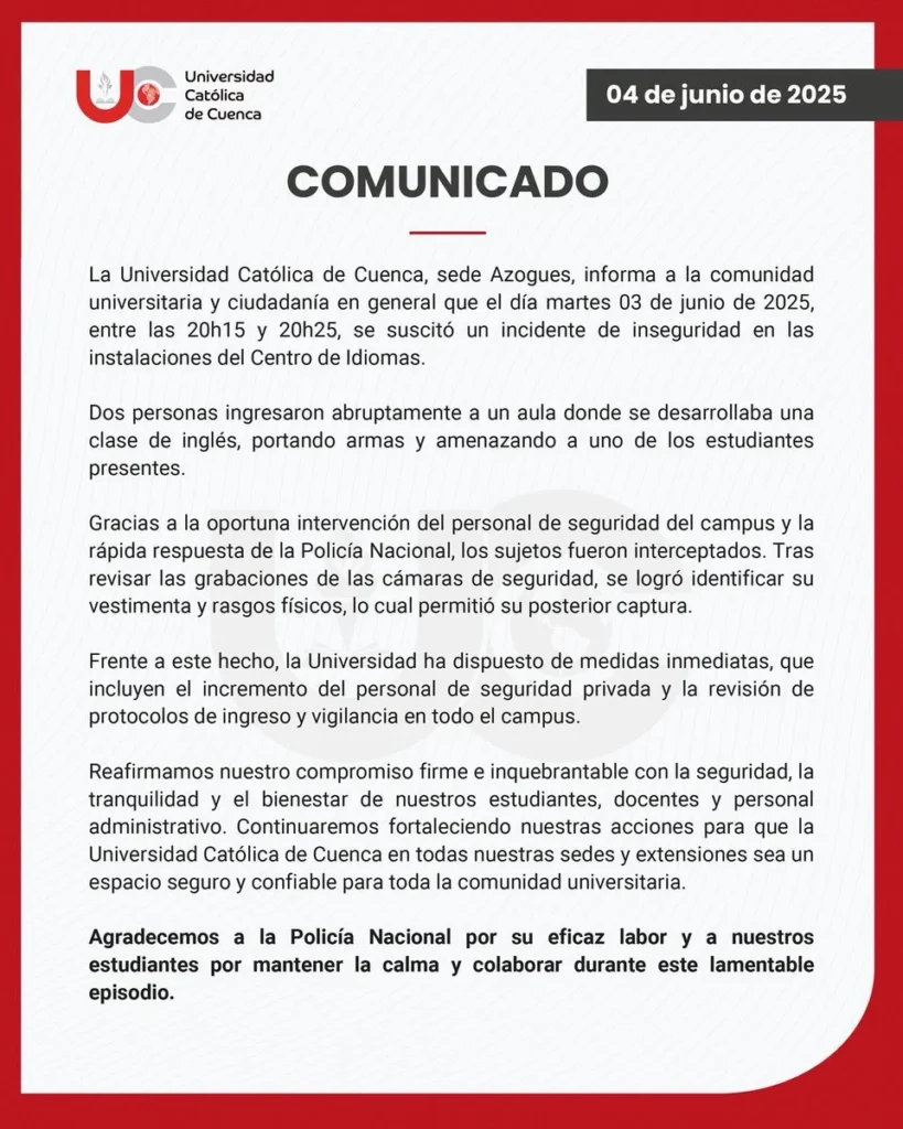 Incidente con hombres armados en la Universidad Católica