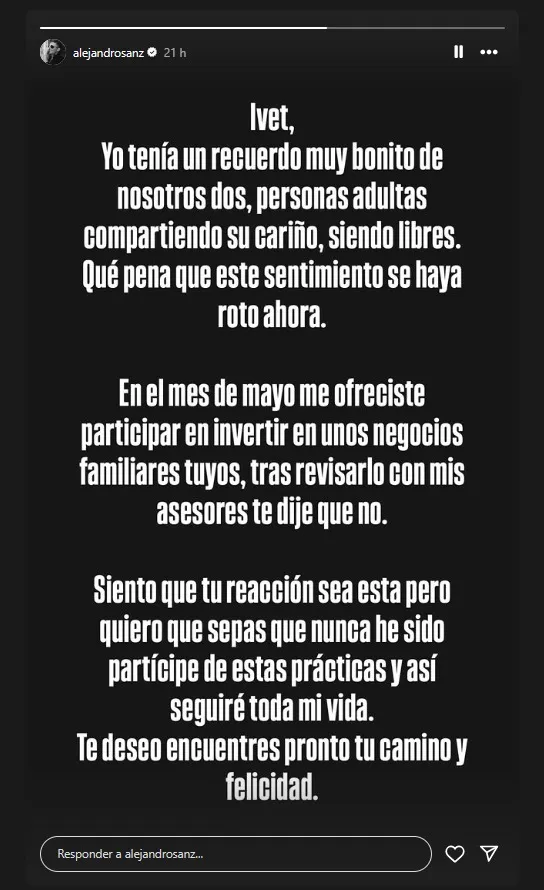 Comunicado que lanzó Alejandro Sanz en su cuenta de ig.