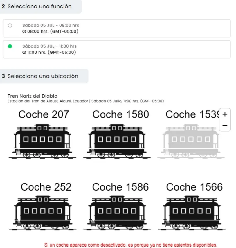 Selección de fecha y horario para ir en el tren Alausí - Naríz del Diablo.