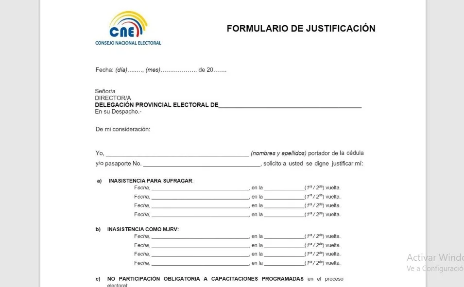 Formulario oficial del CNE.