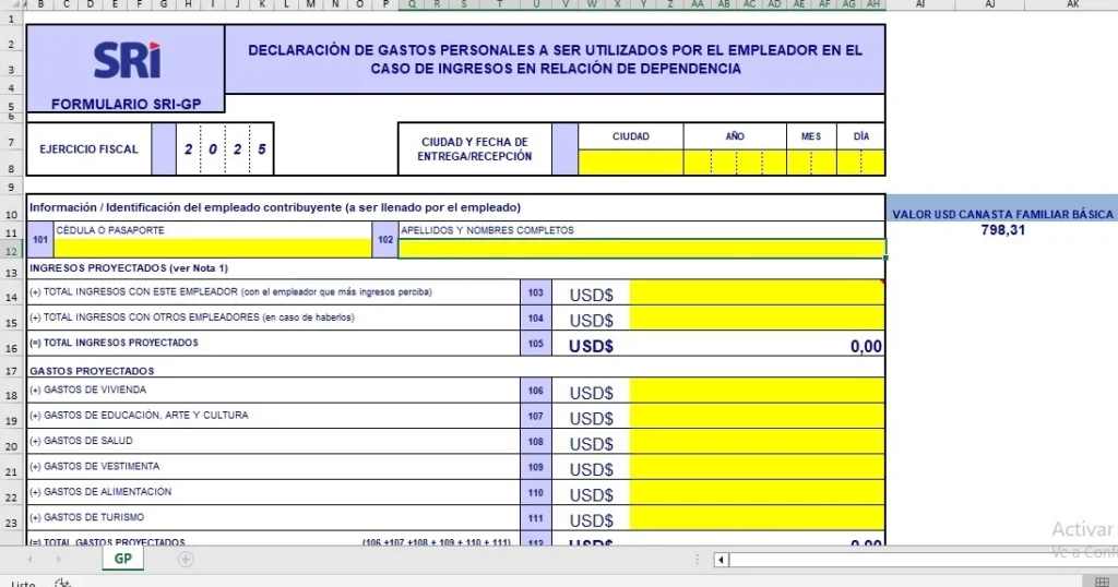 Formulario de proyección de gastos personales.