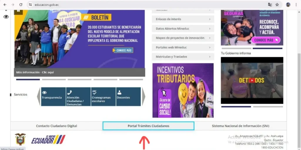 Portal web del Ministerio de Educación.