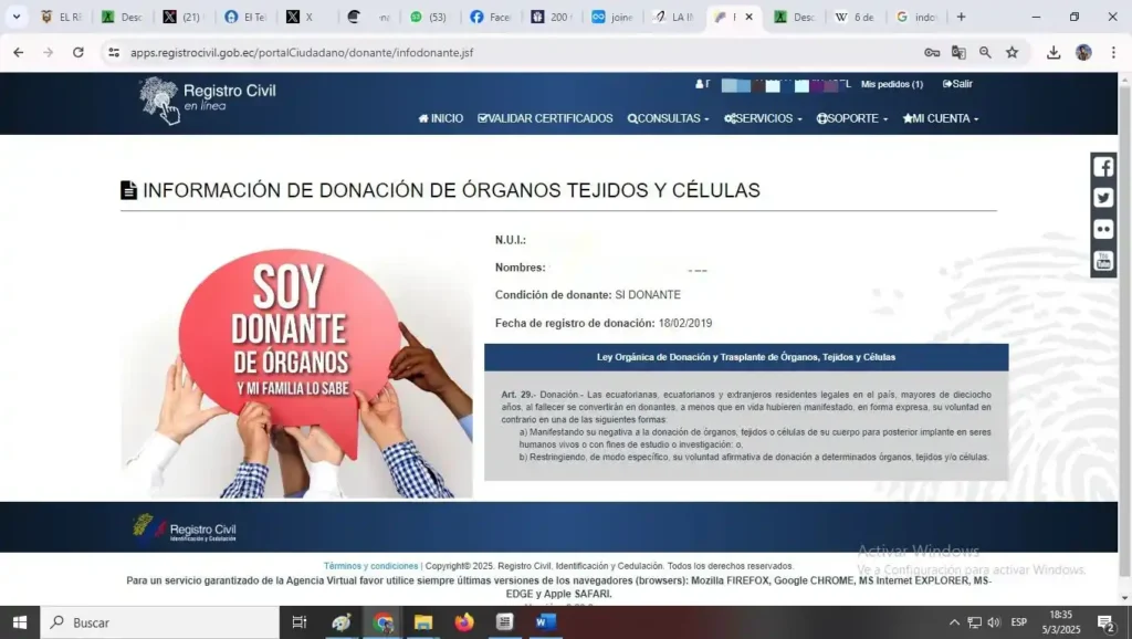 Información de donante en el Registro Civil.