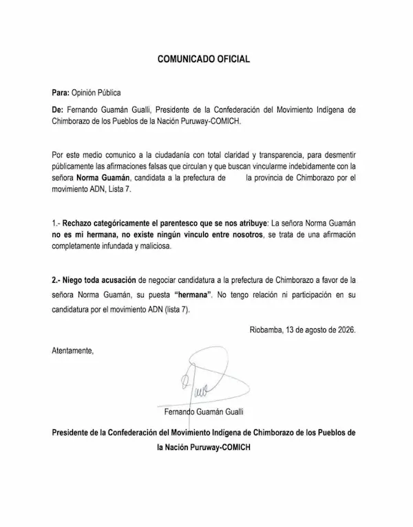 Fernando Guamán niega parentesco con Norma Guamán